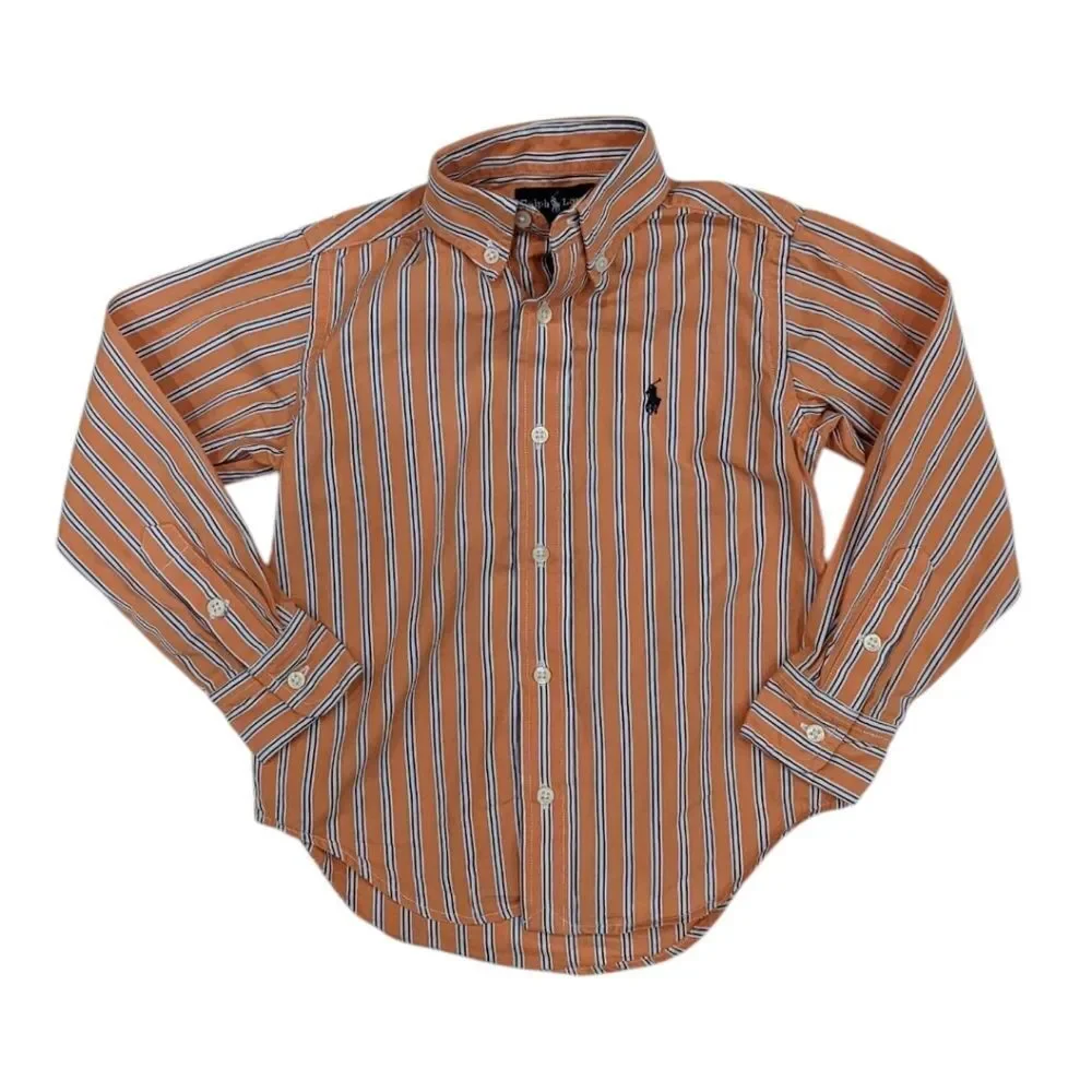 Ralph Lauren Orange White Striped Button Down Up Oxford Church Shirt Boys Size 4